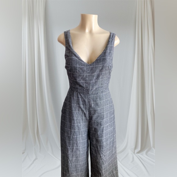Dress Forum Windowpane Plaid Crop Jumpsuit Wide Leg Gray Bow Tie Preppy Geek M - Picture 3 of 10